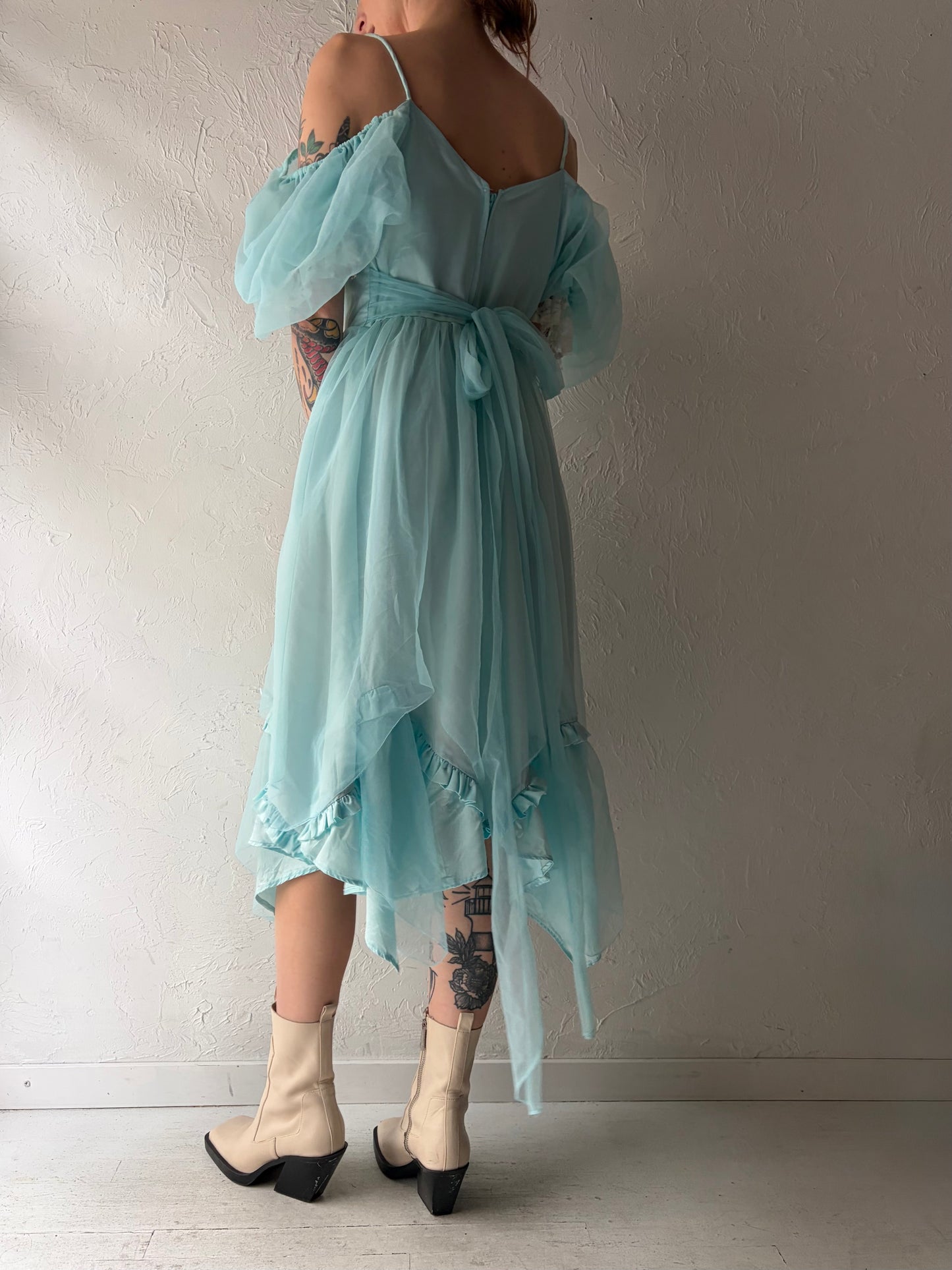 70s Aqua Formal Dress / Union Made / Medium