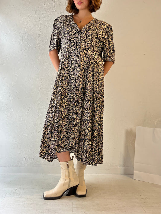 90s 'Scarlet' Floral Print Rayon Maxi Dress / Large