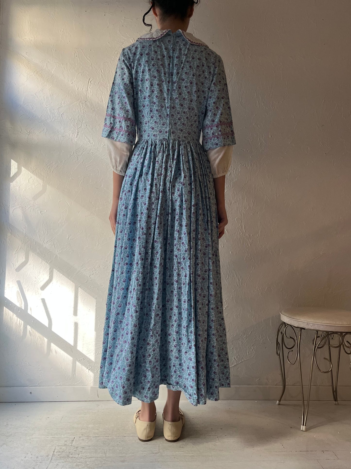 Vintage Handmade Blue Baby Blue Floral Peasant Maxi Dress / Small