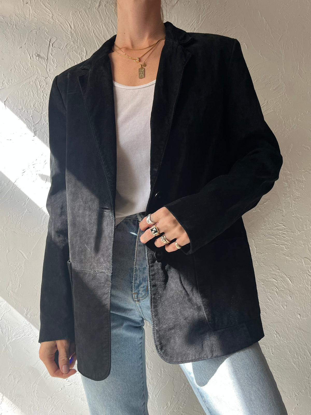90s 'Danier' Black Suede Leather Minimalist Dark Academia Blazer Jacket / Medium
