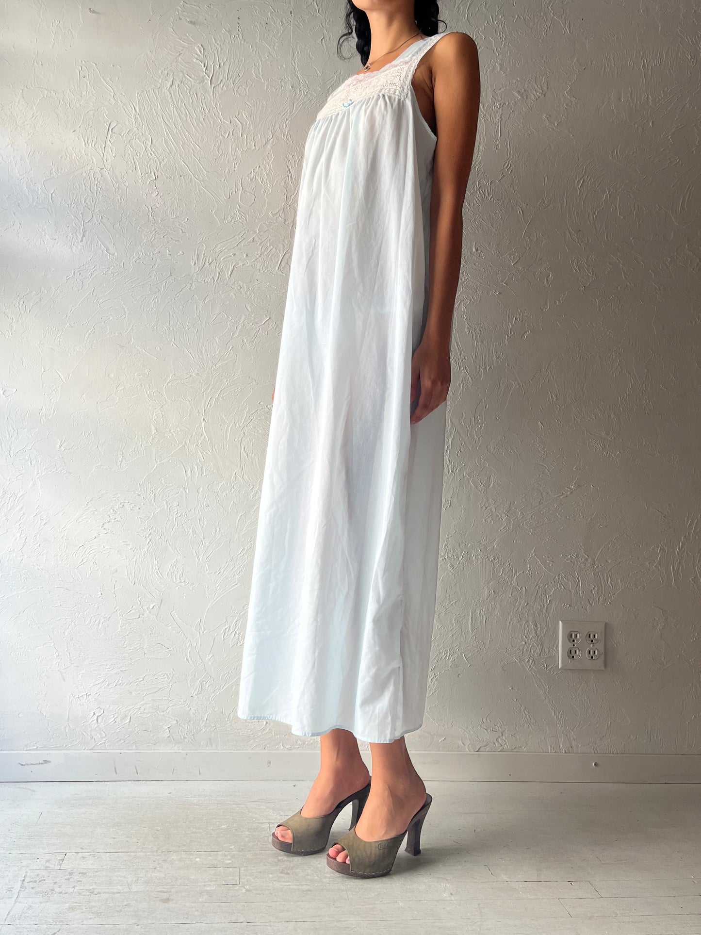 Vintage 'French Maid' Blue Cotton Maxi Dress / Medium