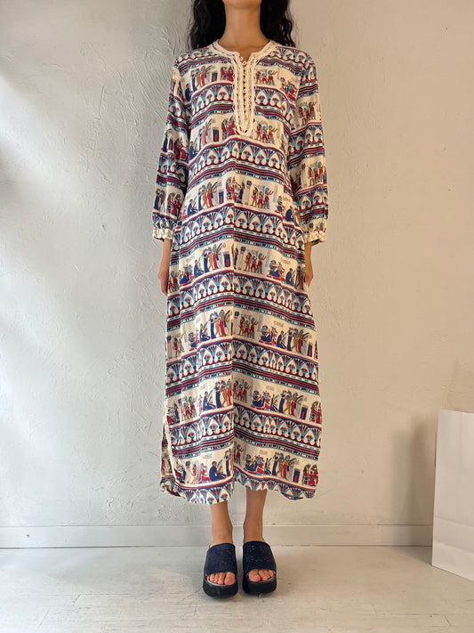 Vintage Handmade Egyptian Patterned Kaftan Dress / Medium