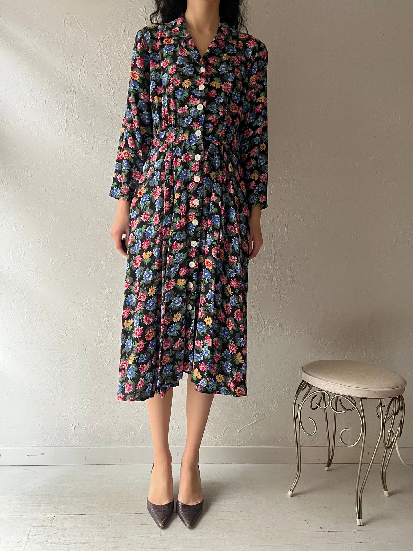 90s 'Liz Claiborne' Long Sleeve Floral Dress / Medium