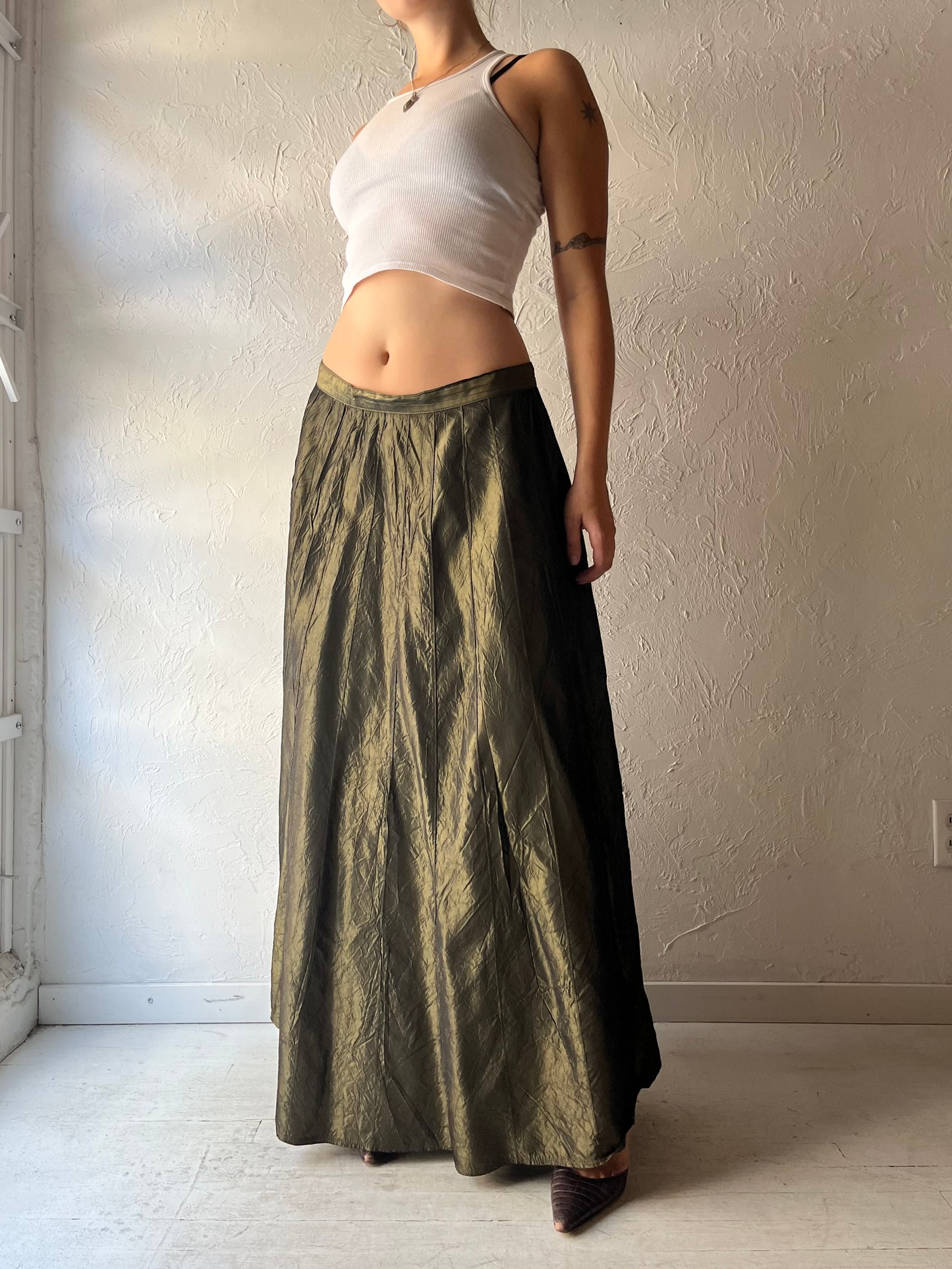 90s 'Bianca Nygard' Metallic Green Dark Academia Gothcore Formal Maxi Skirt / Medium