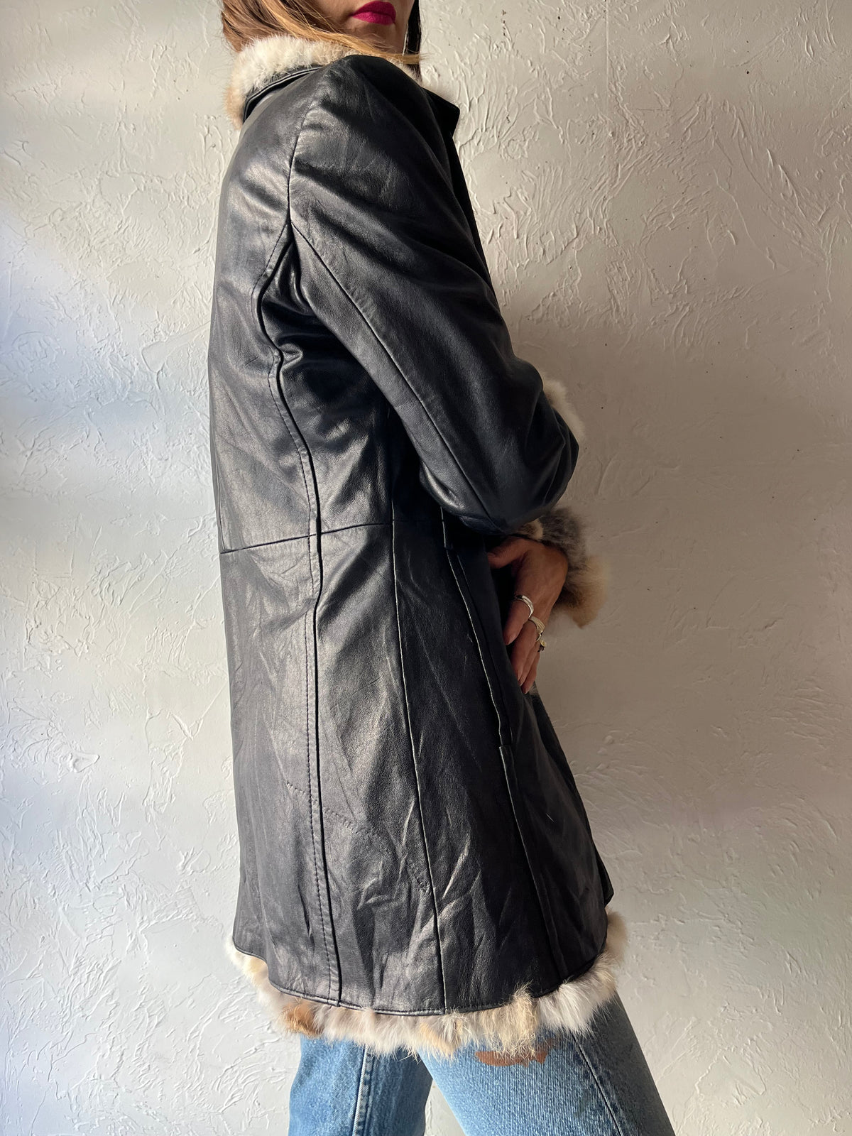 90s 'Kasper' Black Leather Fur Lined Boho Streetwear Winter Jacket / Small