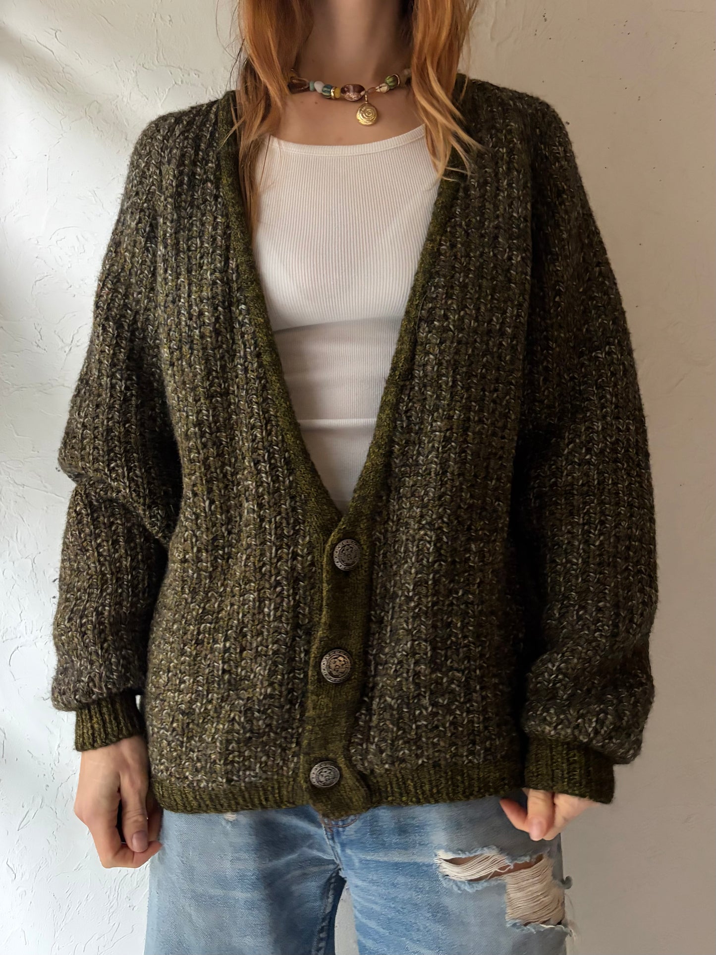 Vintage Hand Knit Lined Cardigan Sweater / Medium