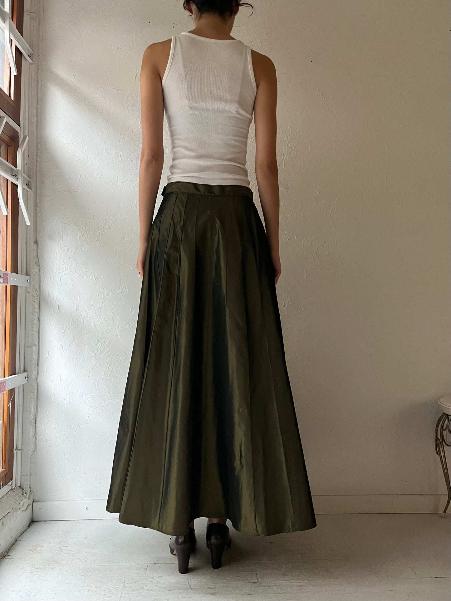 90s 'Nygard' Green Shiny Maxi Skirt / Medium