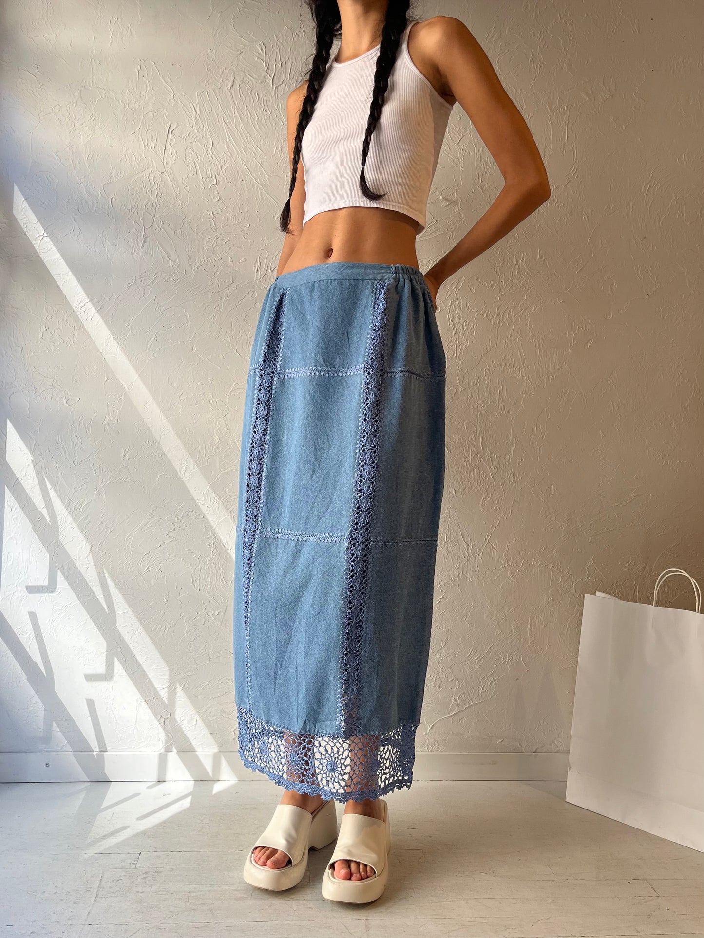 90s 'Kroshetta' Denim Maxi Skirt / Medium