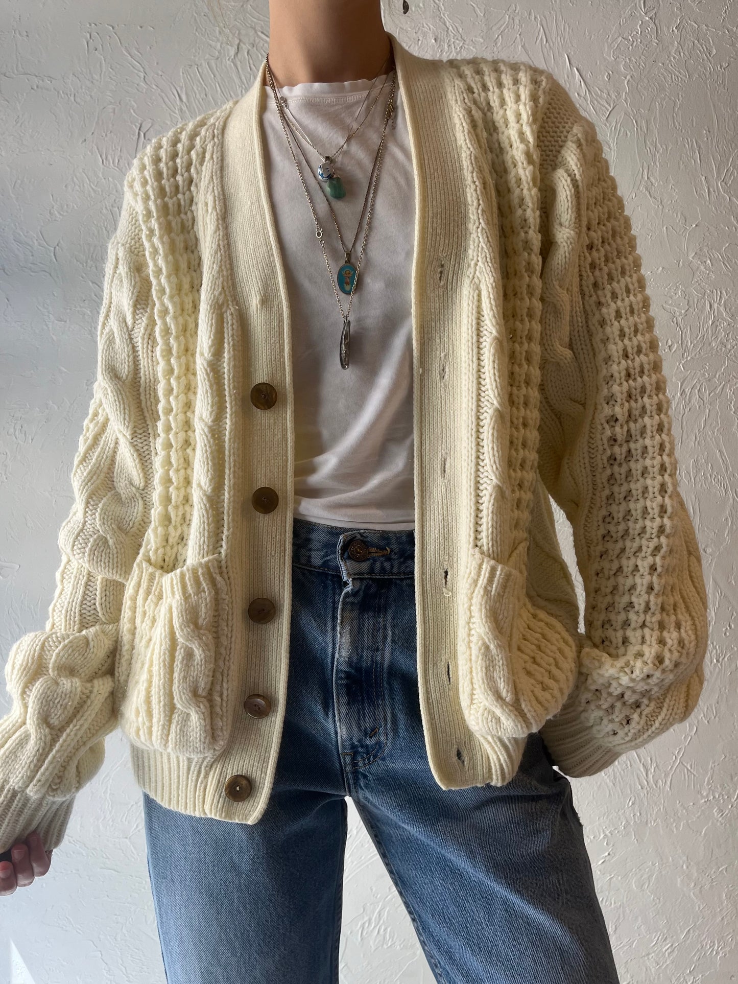 70s 'Sears' Cream Acrylic Cable Knit Cardigan Sweater / Medium