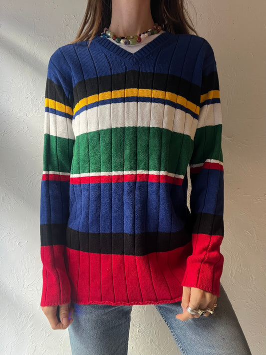 90s ‘Tommy Hilfiger’ Multicolor Striped Cotton V-Neck Preppy Academia Colorblock Knit Pullover Sweater / Medium
