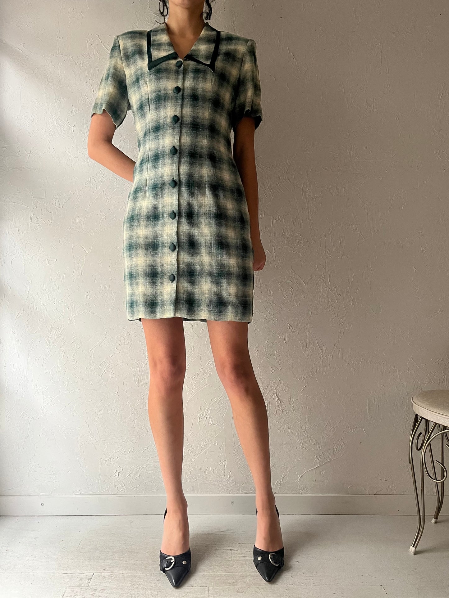 80s Green Button Up Mini Dress / Small