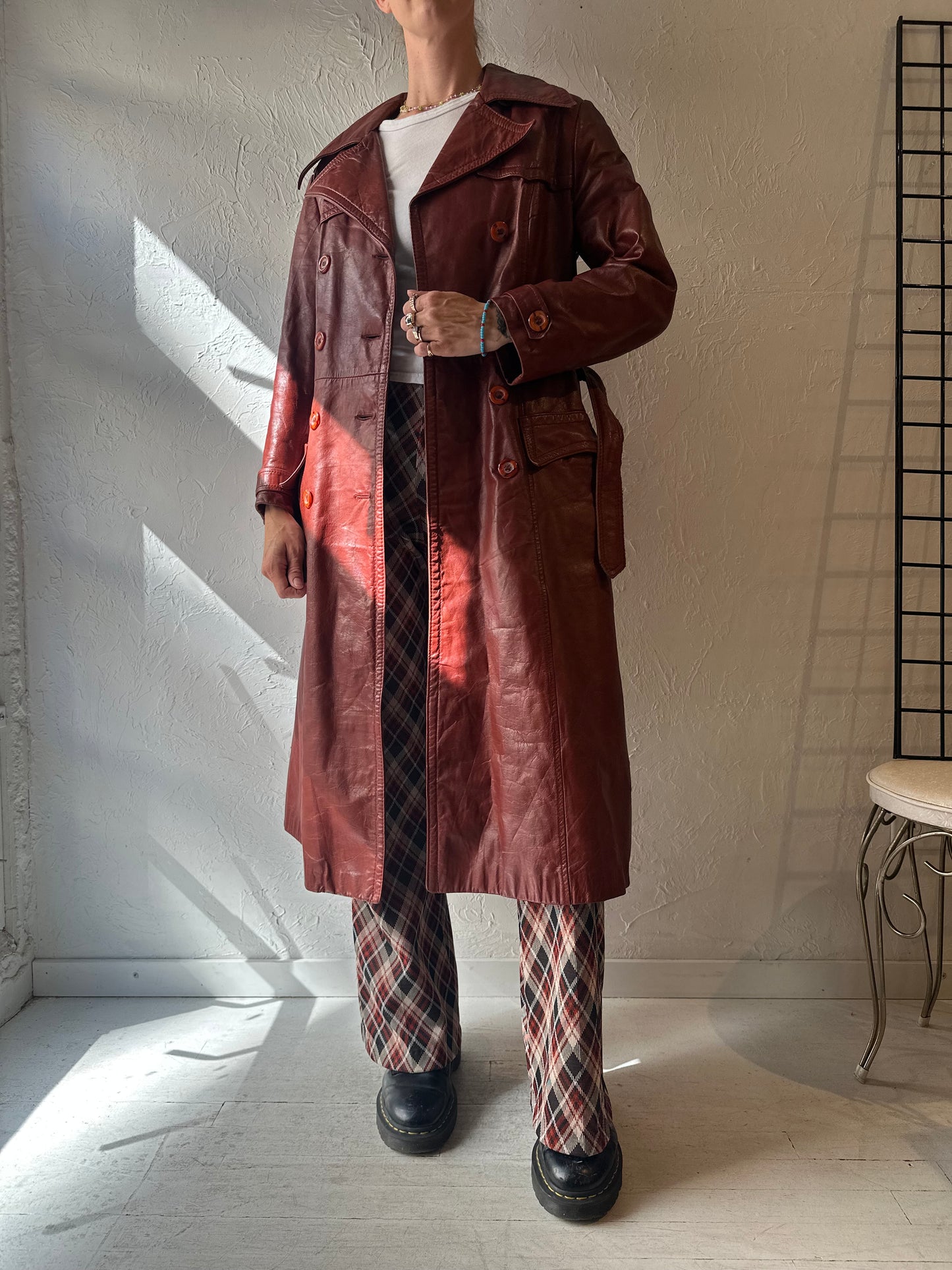 Vintage Burgundy Leather Trench Coat / Medium