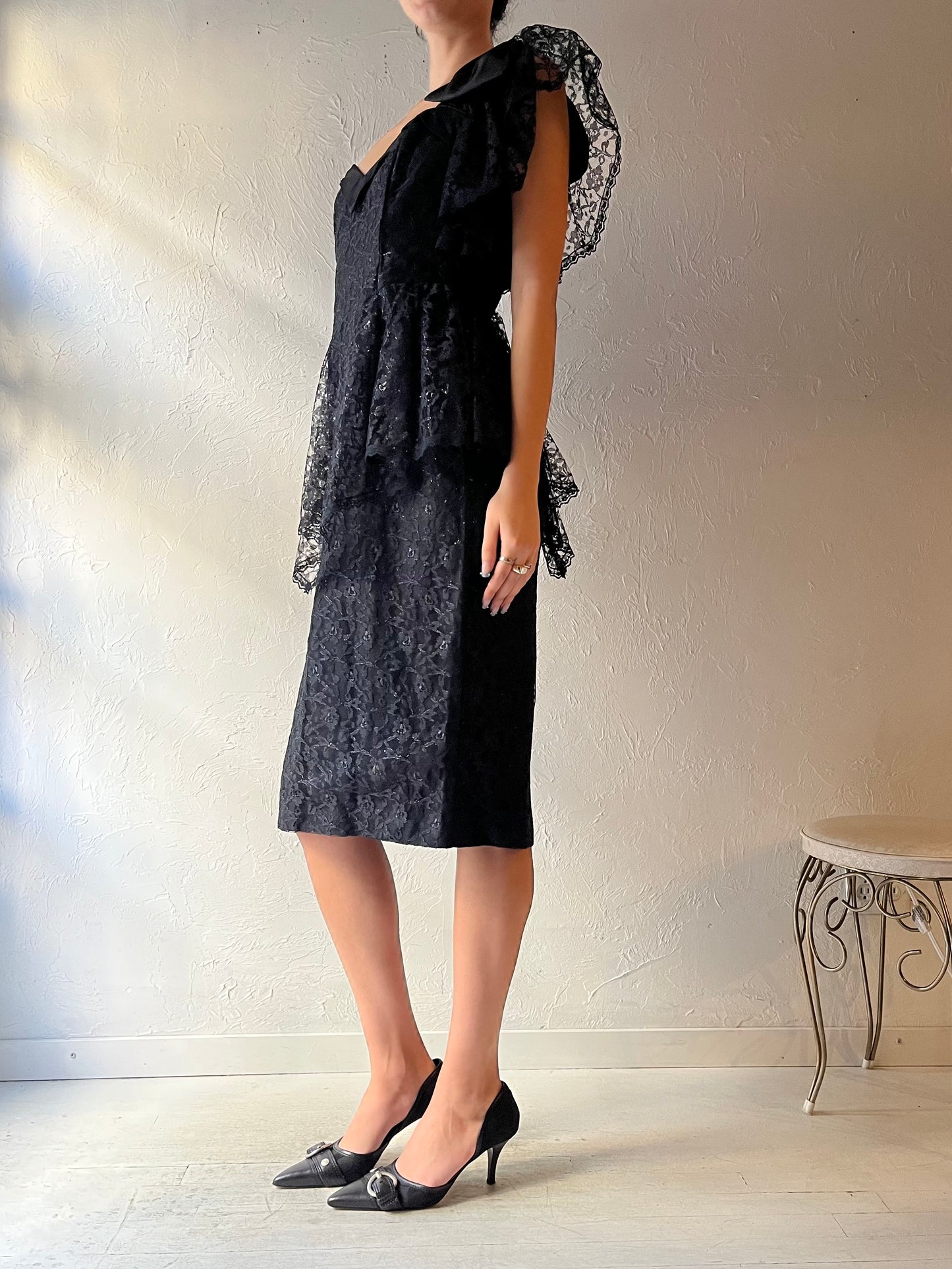 80s ‘Collections’ Black Lace Midi Formal Dress / Medium