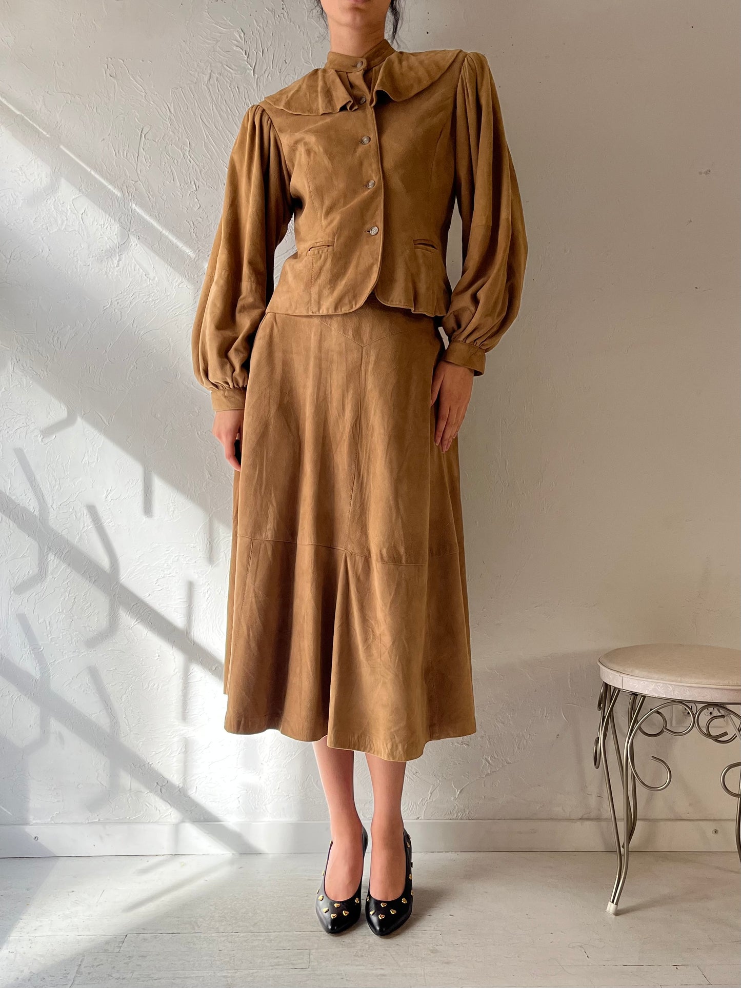 70s ‘Bagatelle’ Tan Suede Skirt Set / Small