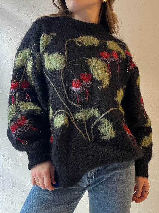 90s 'Chapys' Black Wool Floral Knit Sweater / Medium