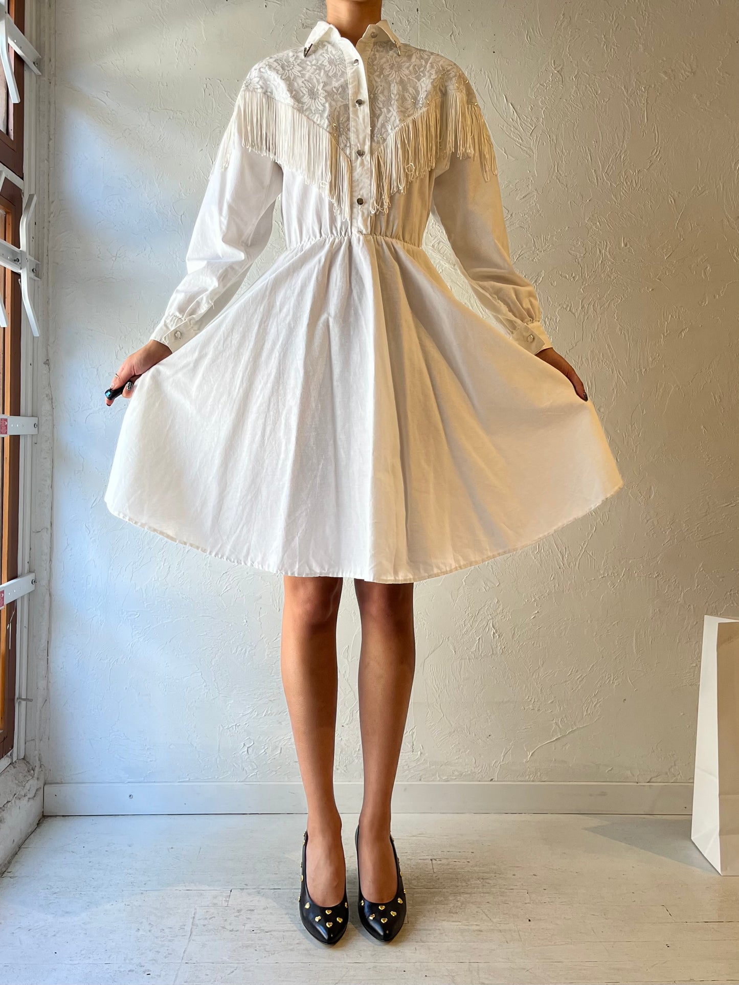 80s 'Lila Suilty' White Fringe Western Dress / Small