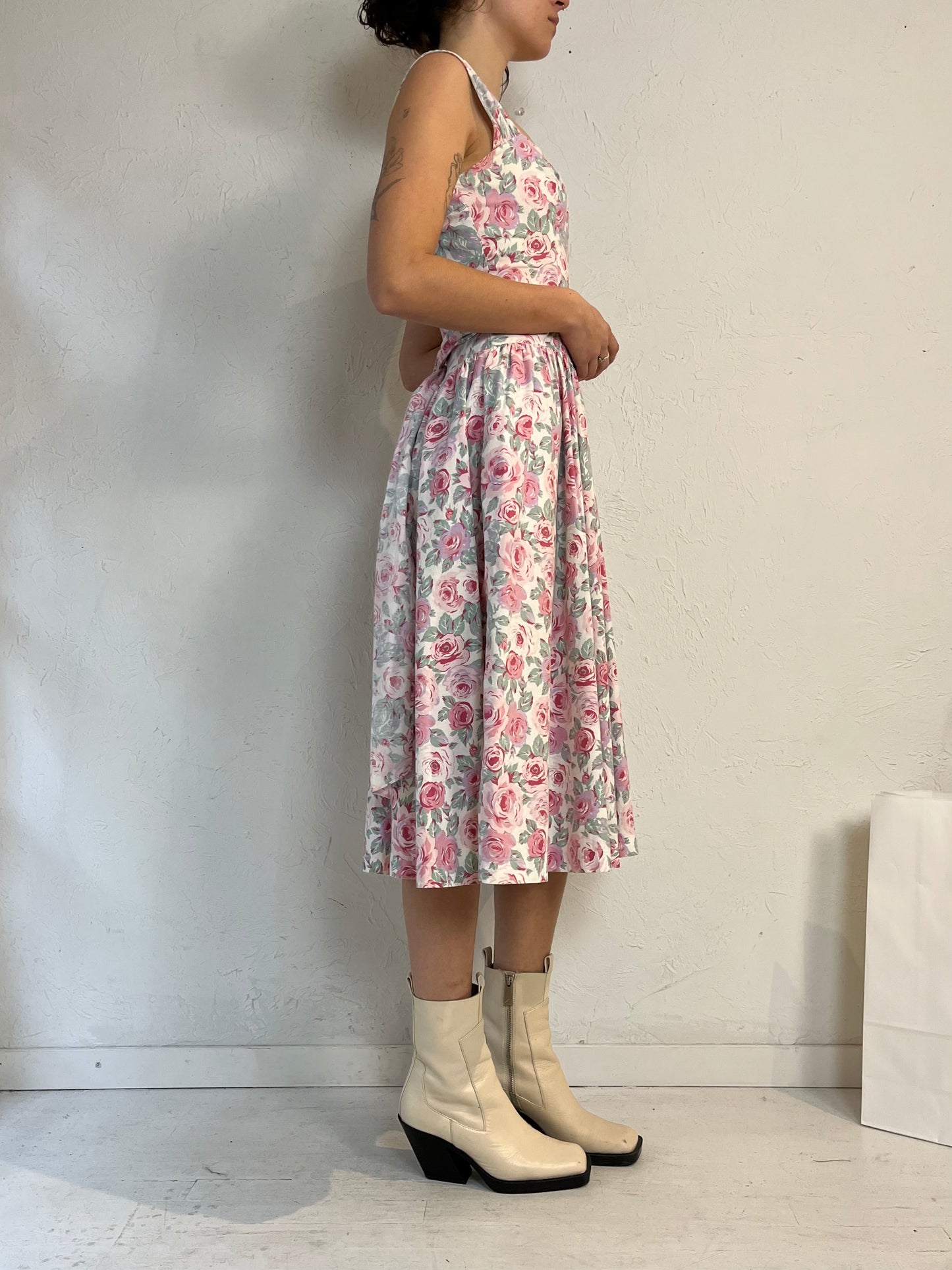 90s 'Joni Blair' Pink Floral Print Cotton Day Dress / Small