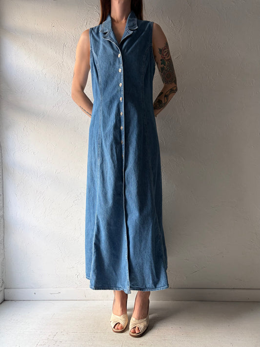 90s 'Tickers' Button Up Collared Denim Maxi Dress / XL