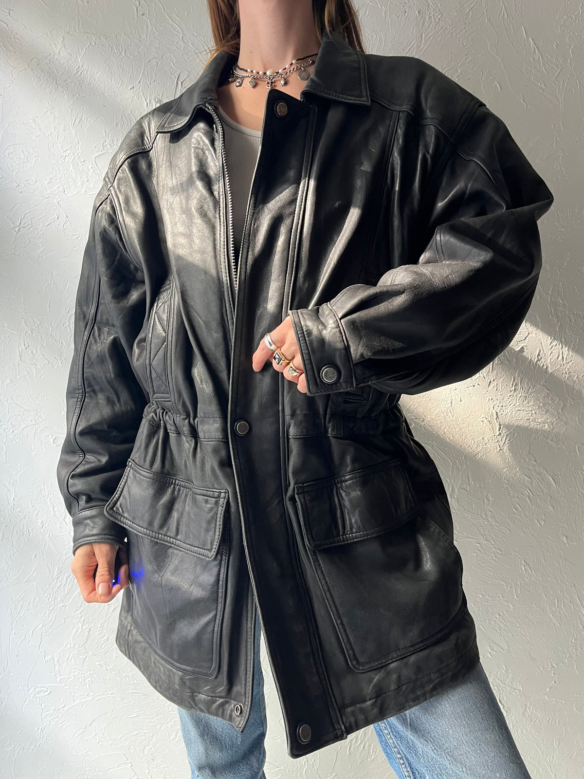90s 'Danier' Drawstring Leather Jacket / Small
