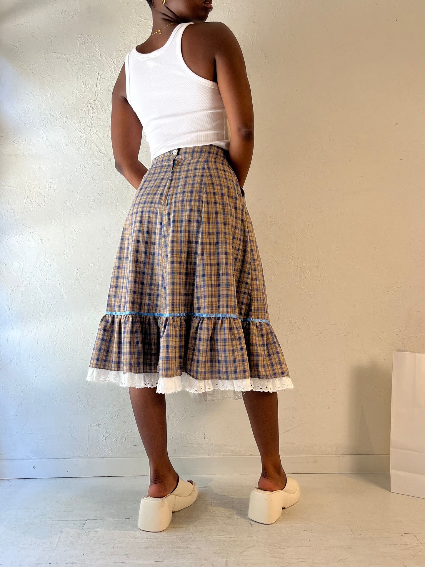 90s 'Stage West' Plaid Western Midi Skirt / Medium