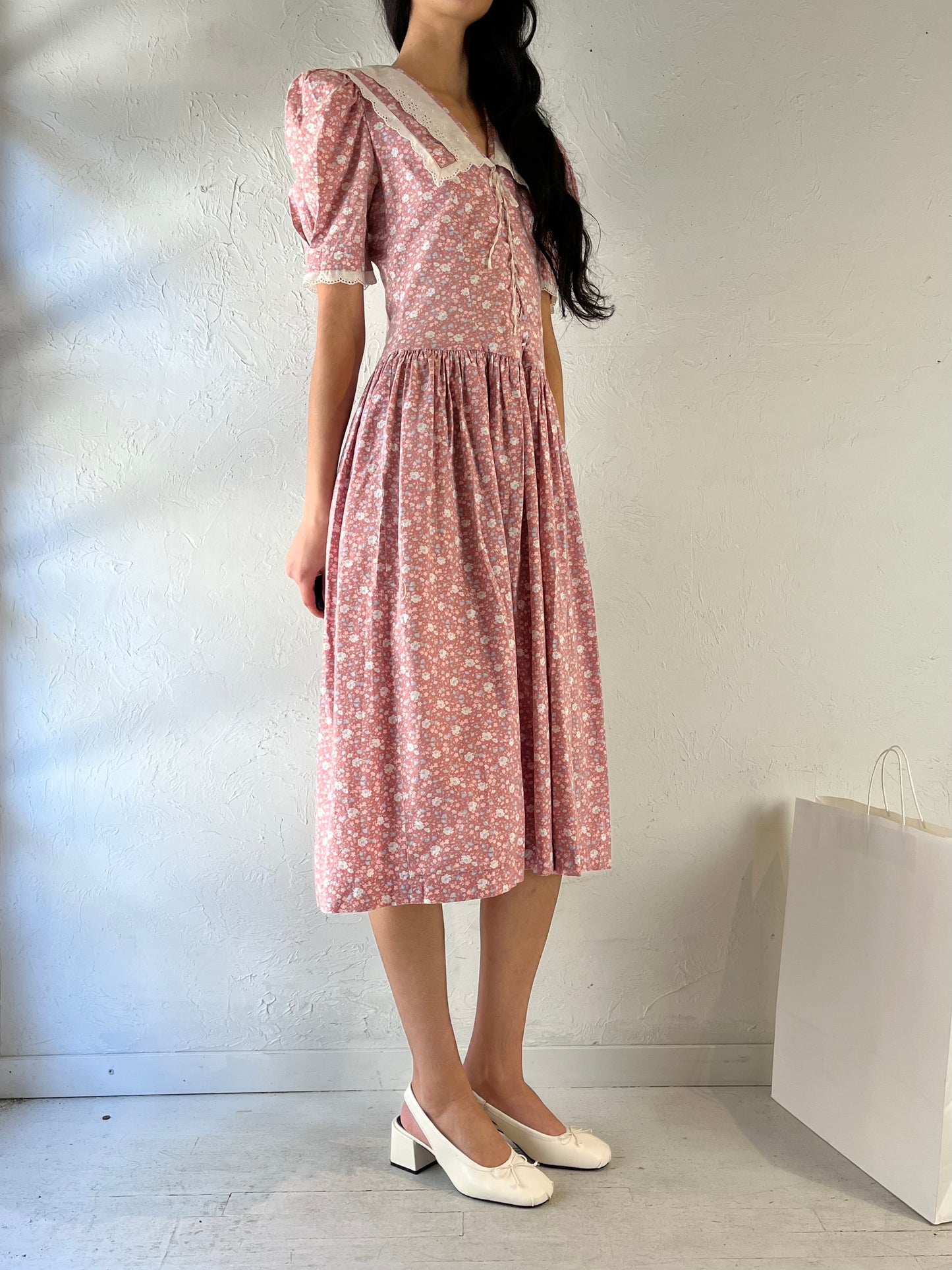 Vintage Handmade Pink Floral Dress / Small