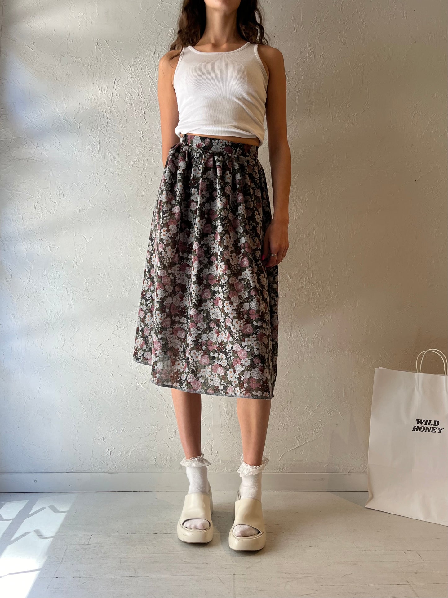 90s 'Billie Jo' Floral Print Midi Skirt / Small