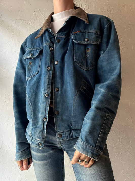 80s 'Three Bears' Faux Shearling Lined Demin Jacket / Medium