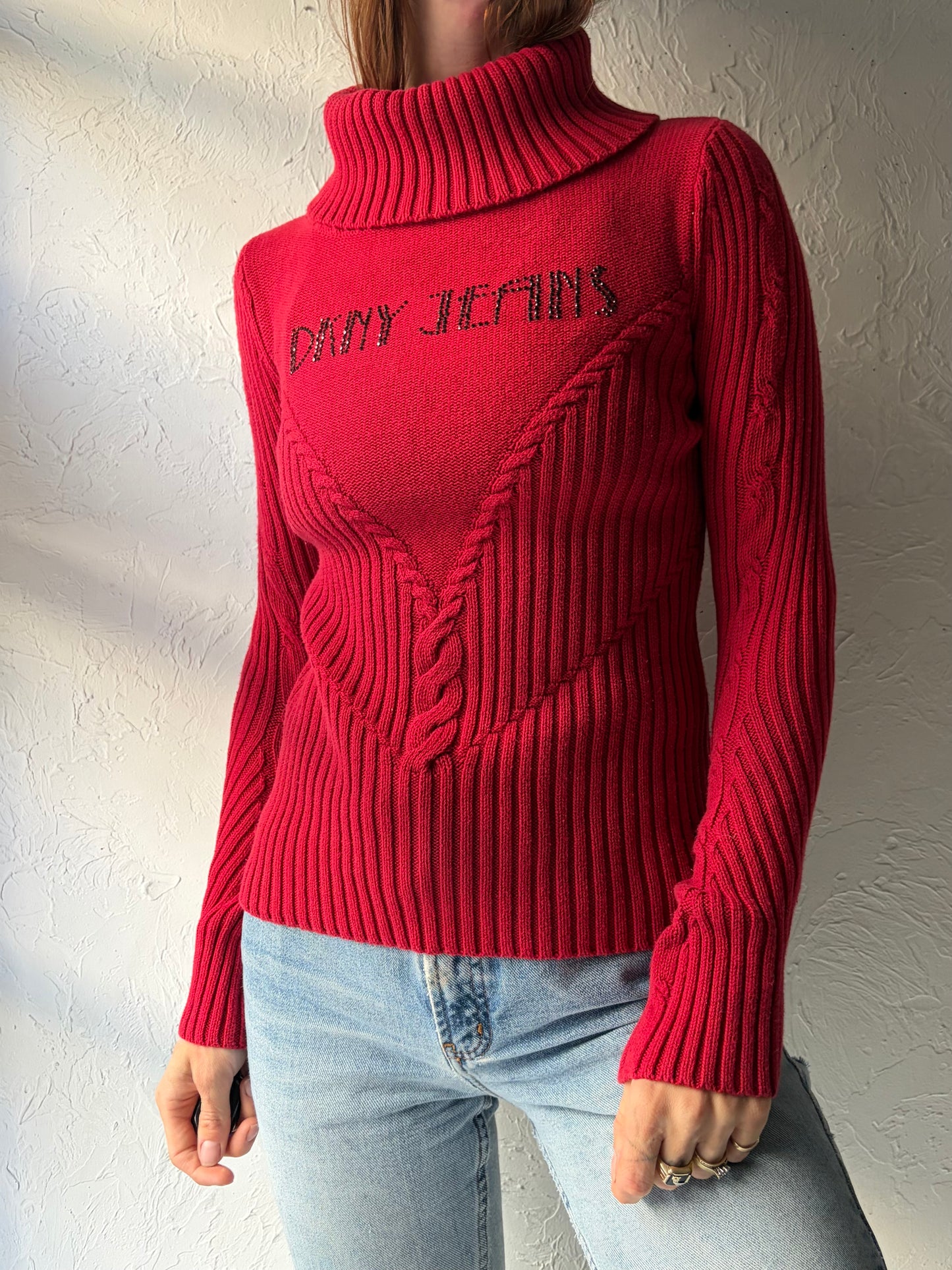 Y2k 'DKNY' Red Cotton Knit Trutle Neck Rhinestone Sweater / Small