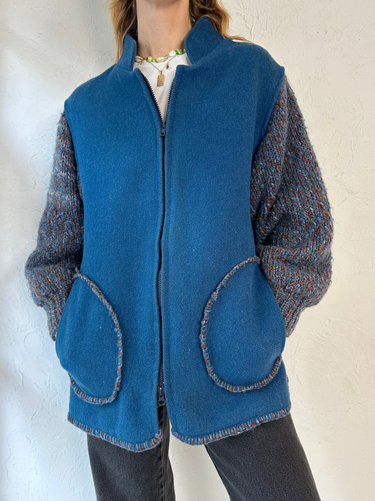 Vintage Hand Knit Wool Jacket with Knit Sleeves / Medium