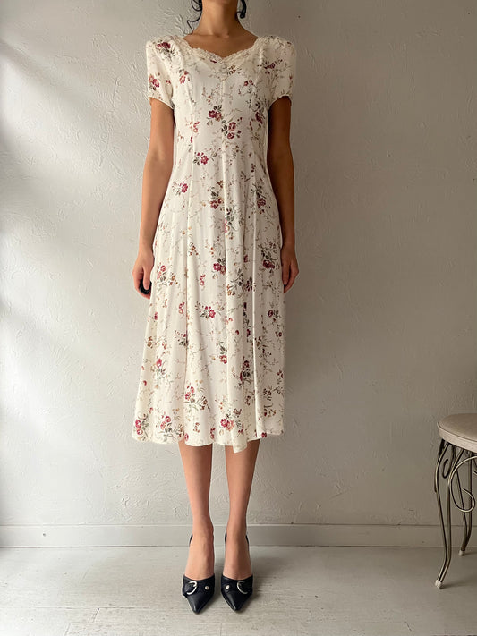 90s 'Decked Out' White Floral Dress / Medium