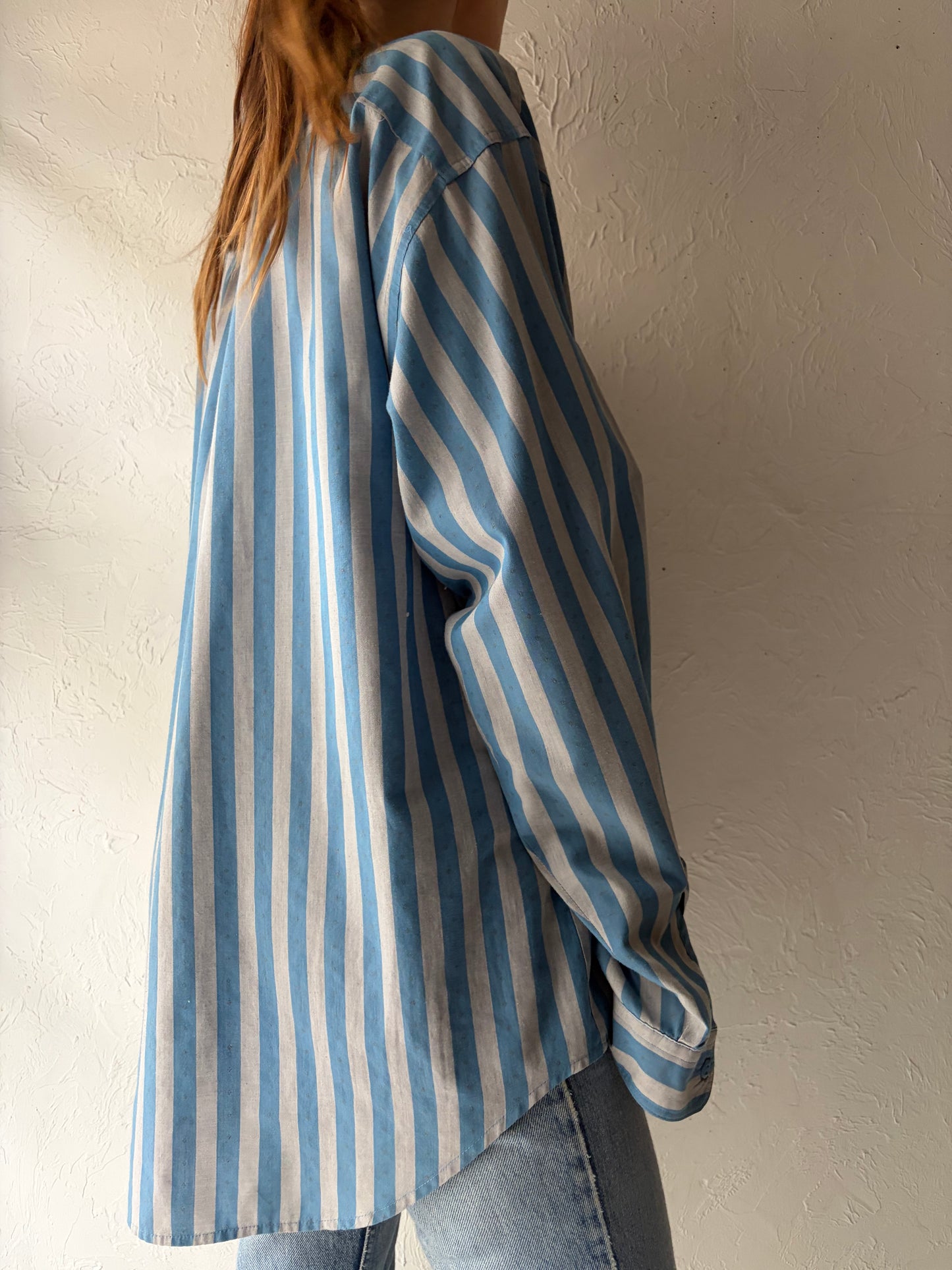 80s 'Levis' Blue Striped Button Up Shirt / Large