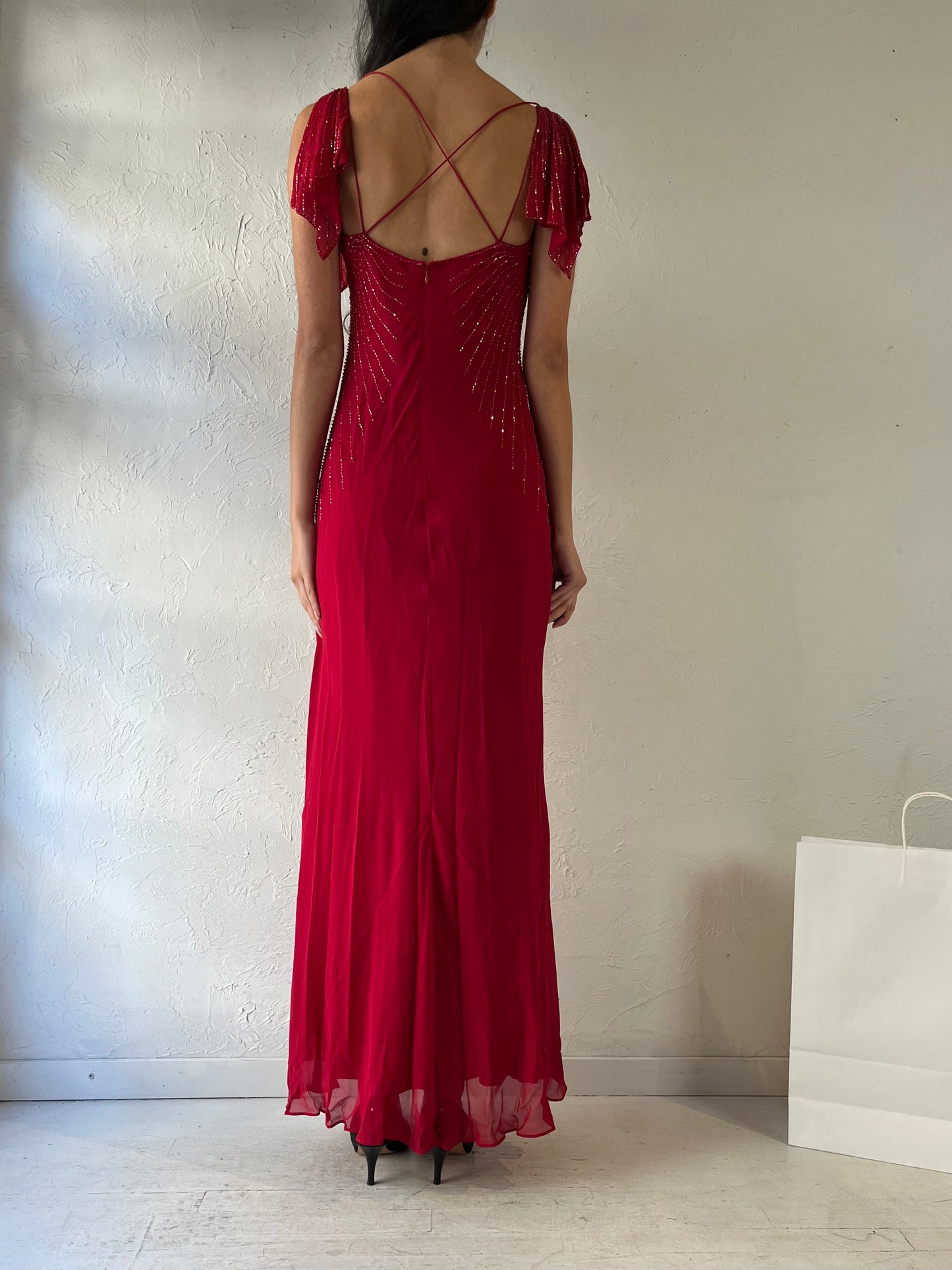 Y2K ‘Le Chateau’ Red Beaded Formal Dress / Small