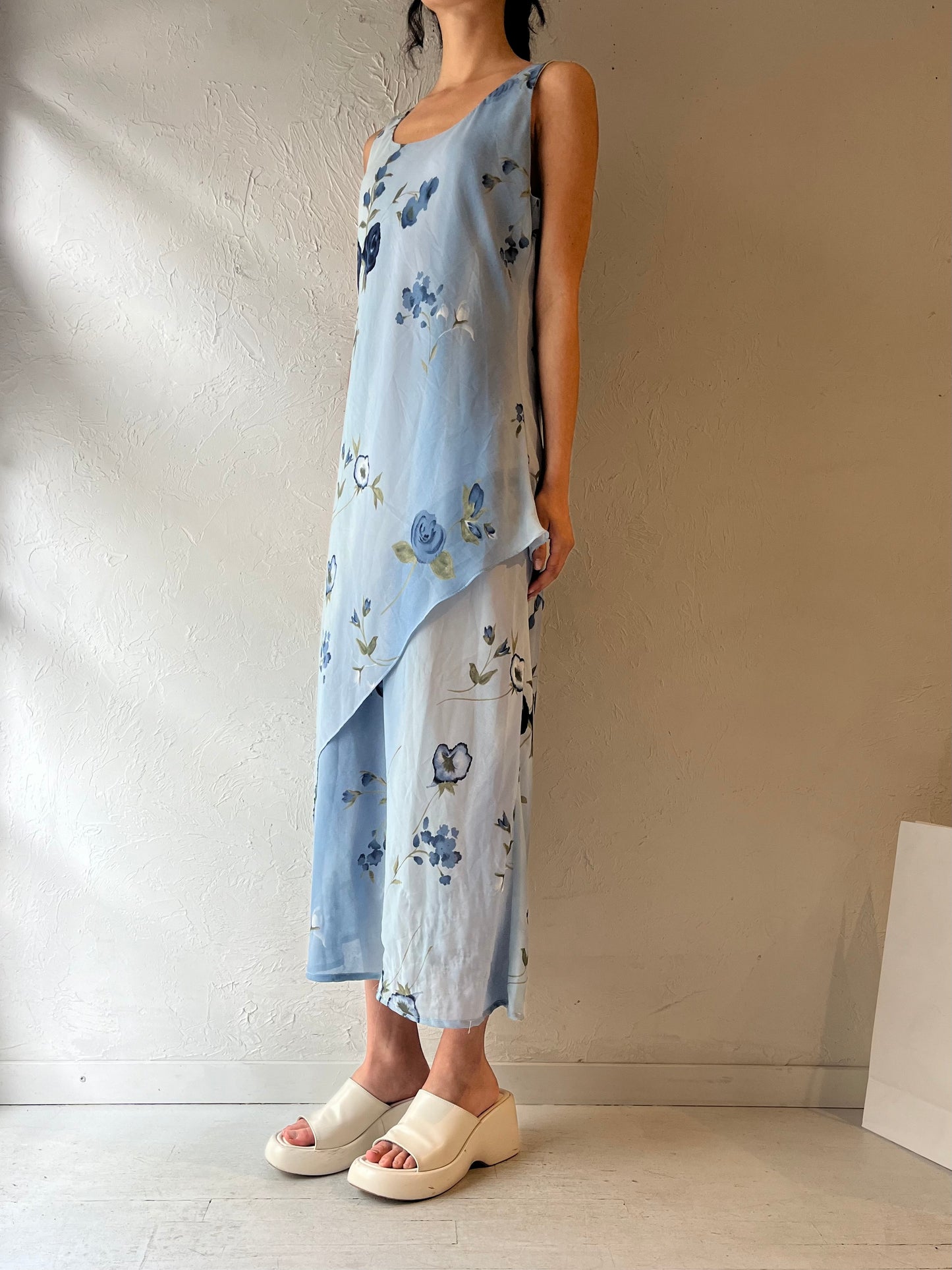 90s ‘Claude Rene’ Blue Floral Print Maxi Dress / Large