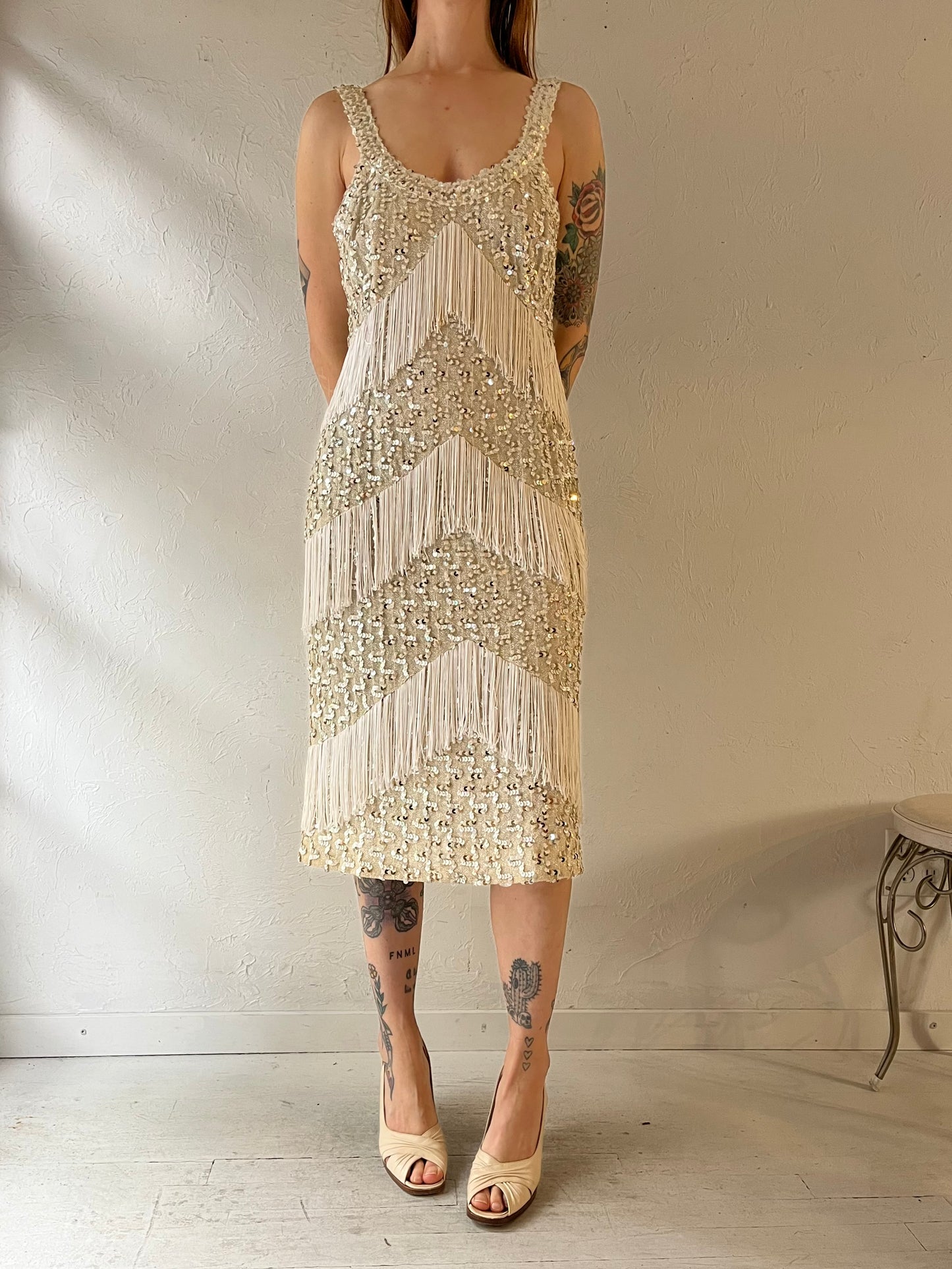 70s 'Lilli Diamond' Silver Sequin Fringe Dress / Medium
