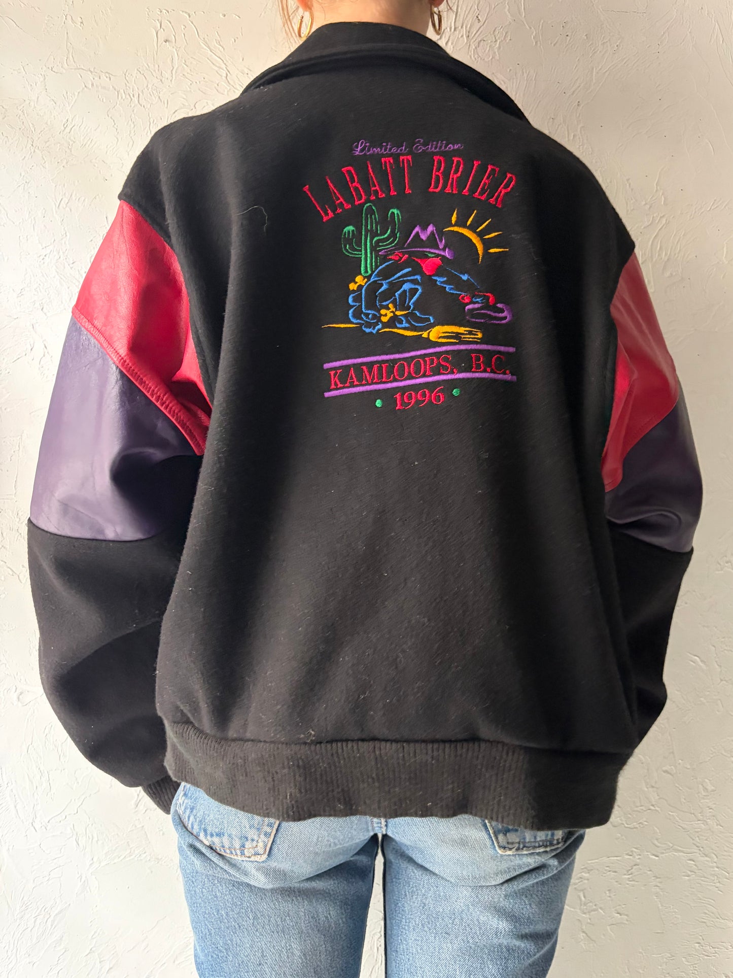 90s 'Labatt' Leather Wool Bomber Jacket / Medium