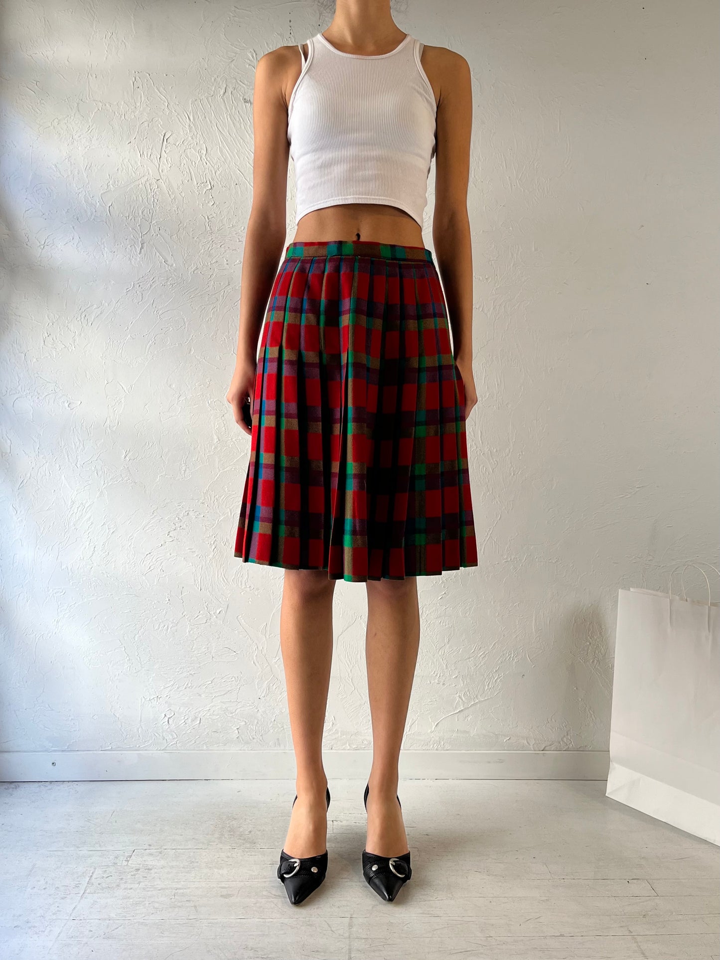 80s ‘Tan Jay’ Pleated Plaid Wool Midi Skirt / Medium