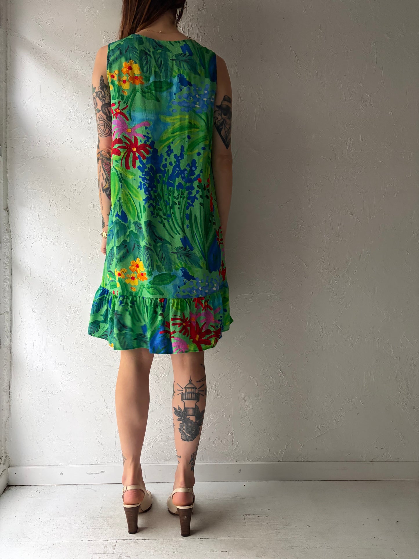 90s 'Jams World' Green Floral Retro Mini Dress / Vintage 1990s Summer Beach Dress / Medium