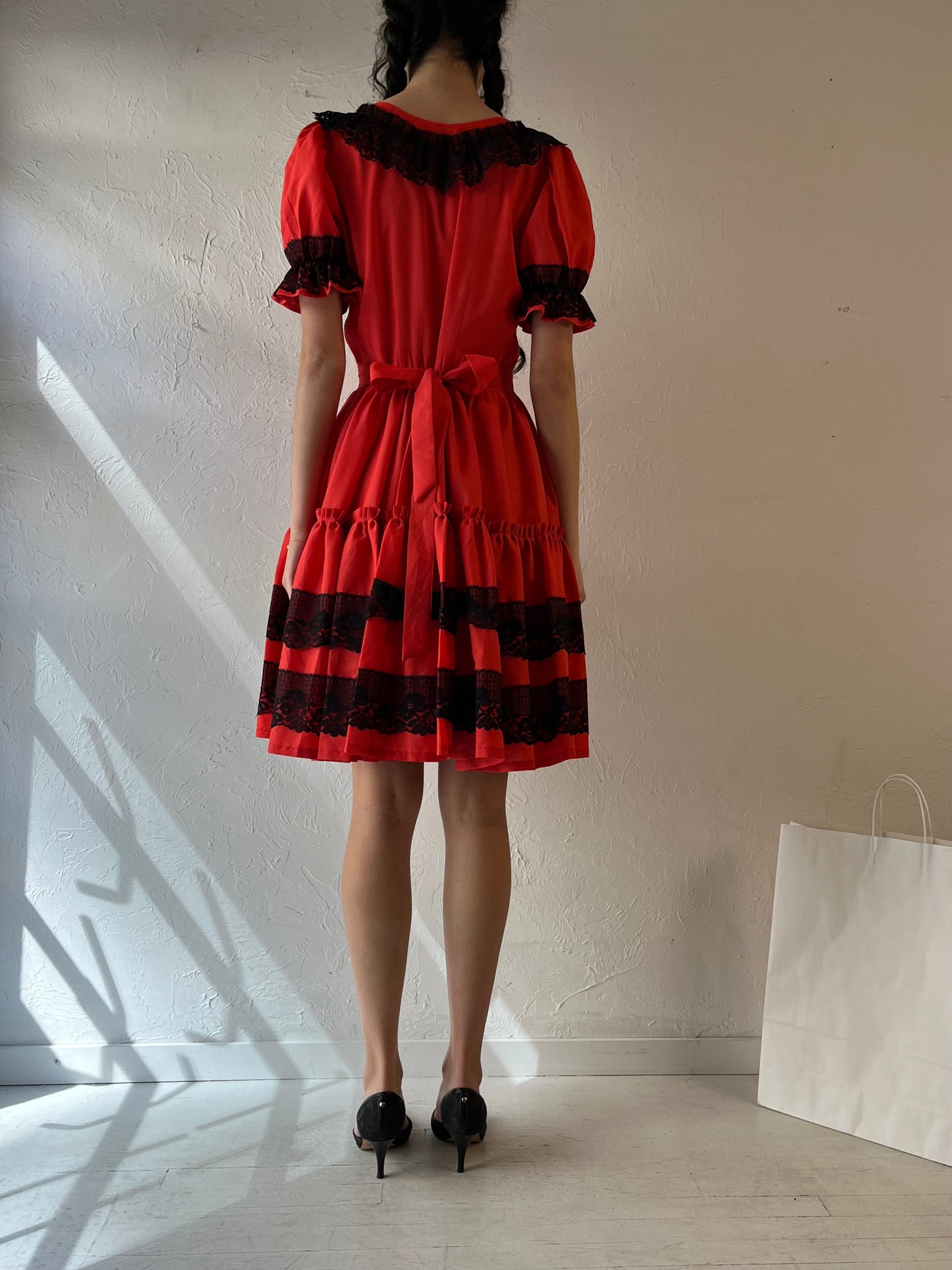 Vintage Handmade Red Puff Sleeve Dress / Small -  Medium