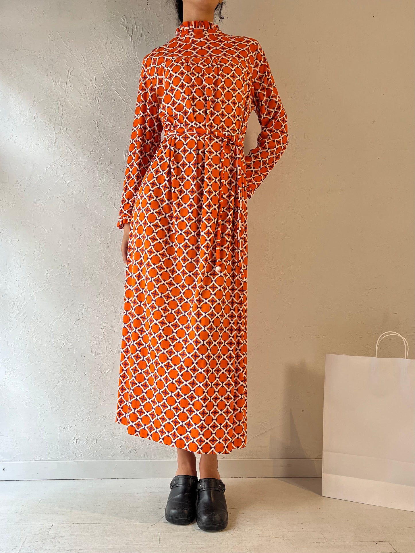 70s Orange Retro Patterned Kaftan Maxi Dress / Small