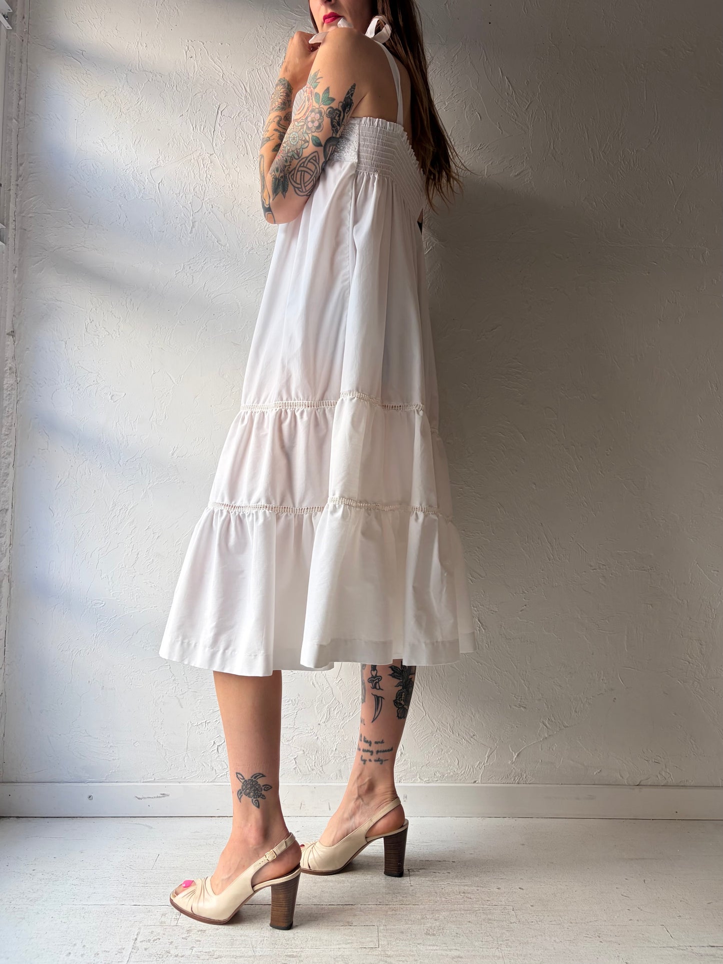 Vintage Handmade Tiered White Cotton Midi Dress / Small