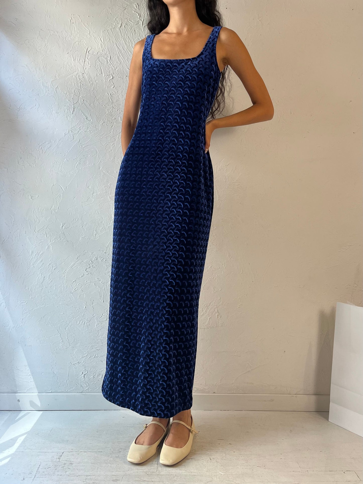 90s 'Algo' Blue Velvet Maxi Dress / Medium