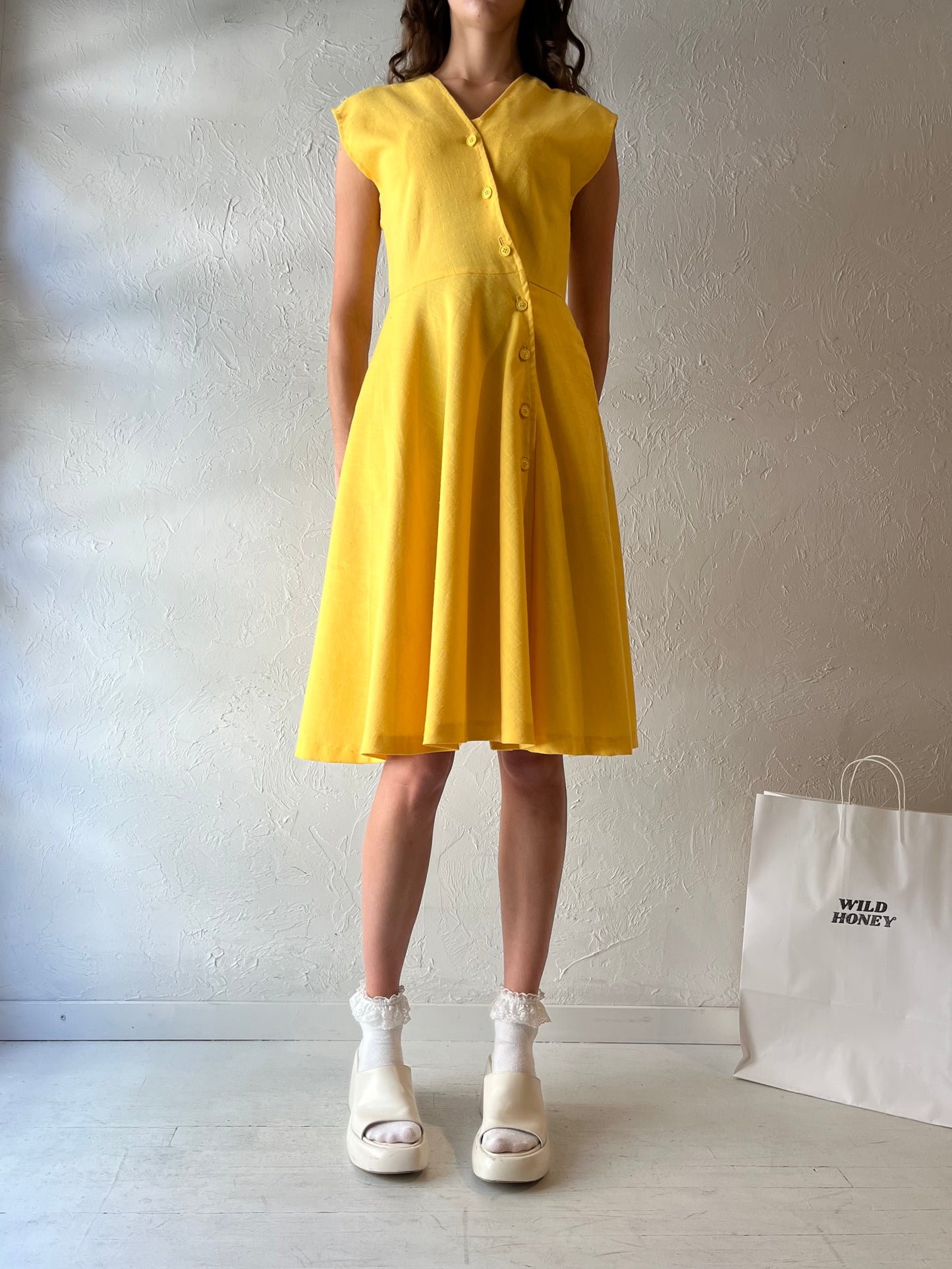 70s 'Up Stage' Yellow Button Up Midi Dress / Small