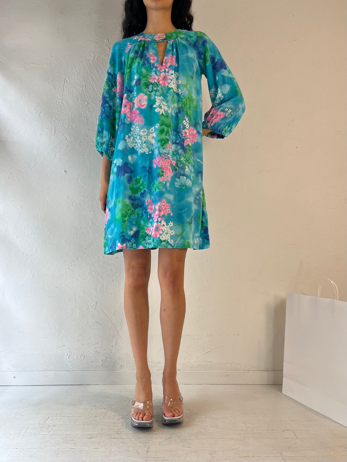 70s Handmade Blue Floral Shift Dress / Small