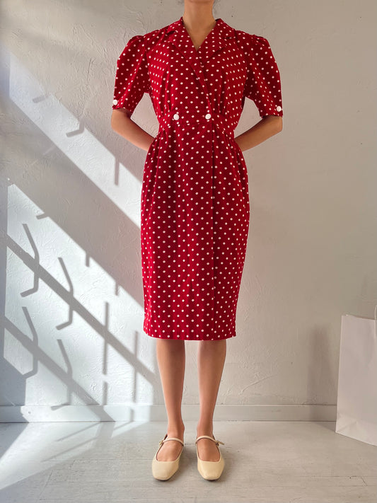 80s ‘Ronni Nicole’ Red Polka Dot Puff Sleeve Collared Dress / Medium