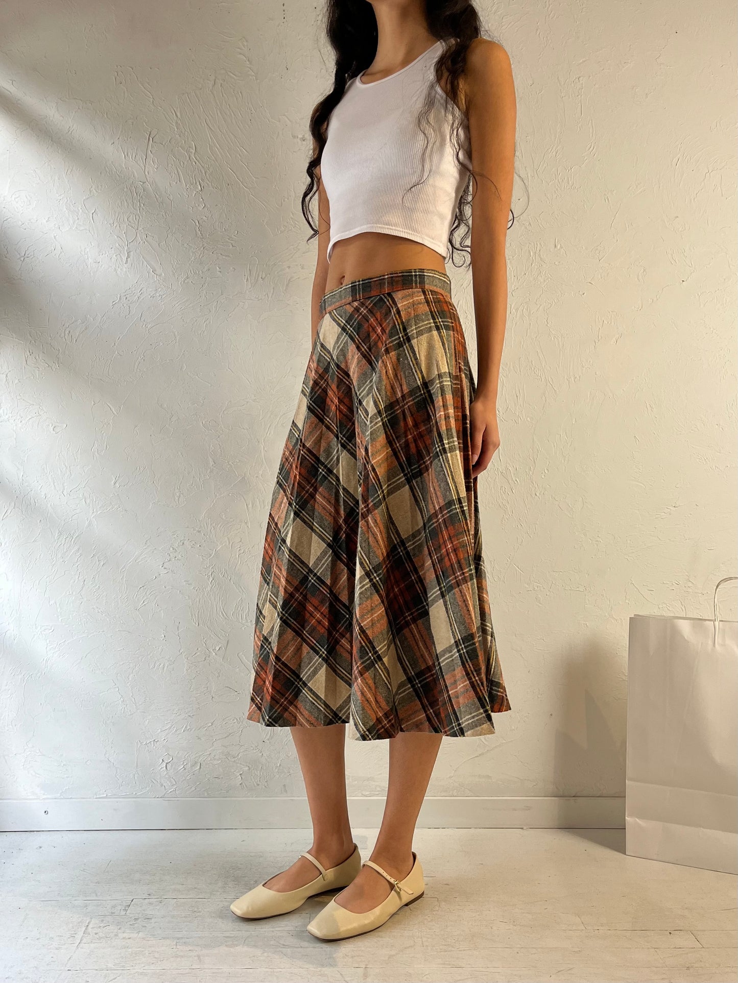 Vintage Plaid Wool Knit Midi Skirt / Medium