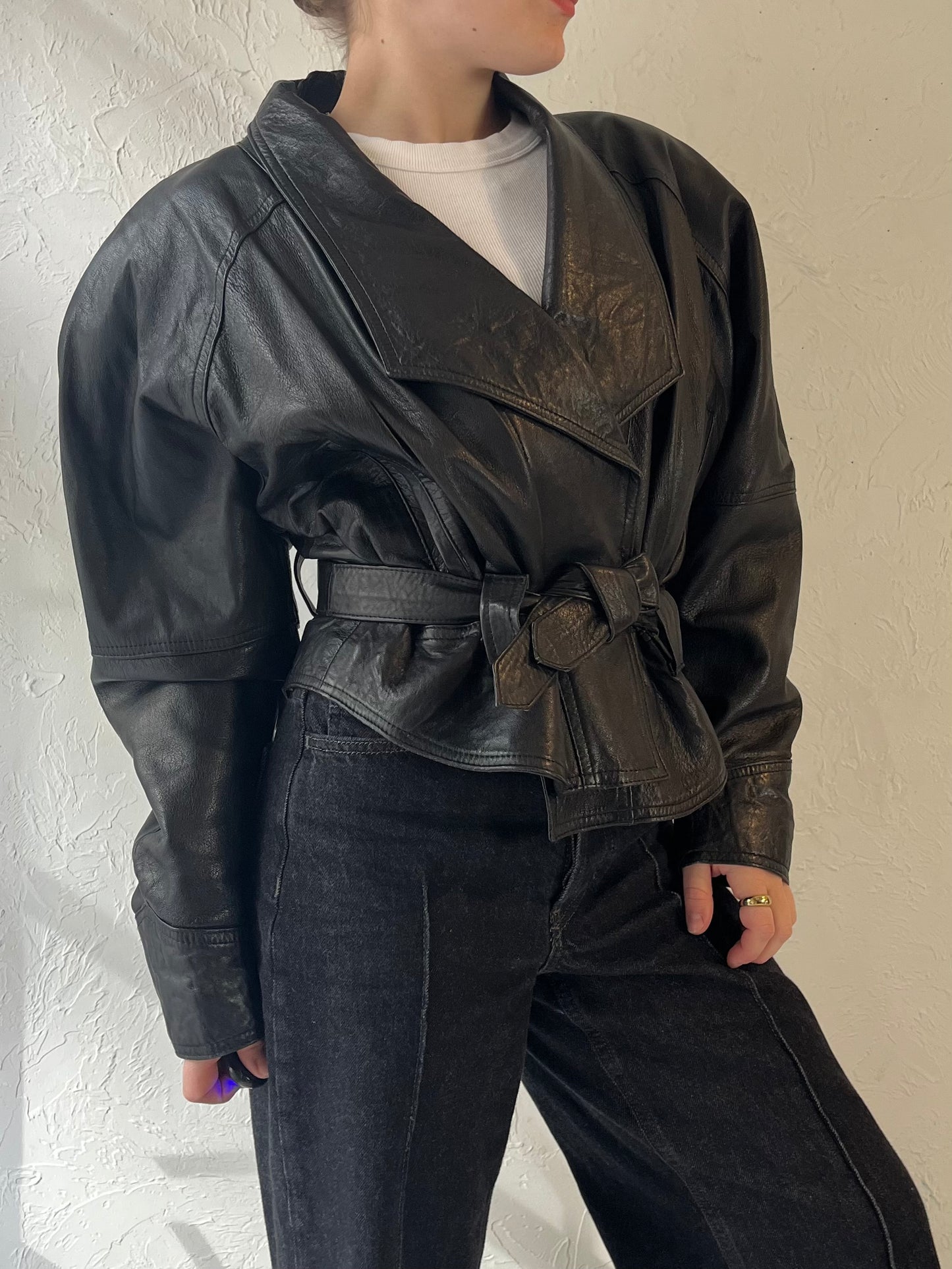 80s 'Chapelle' Black Leather Jacket / Medium