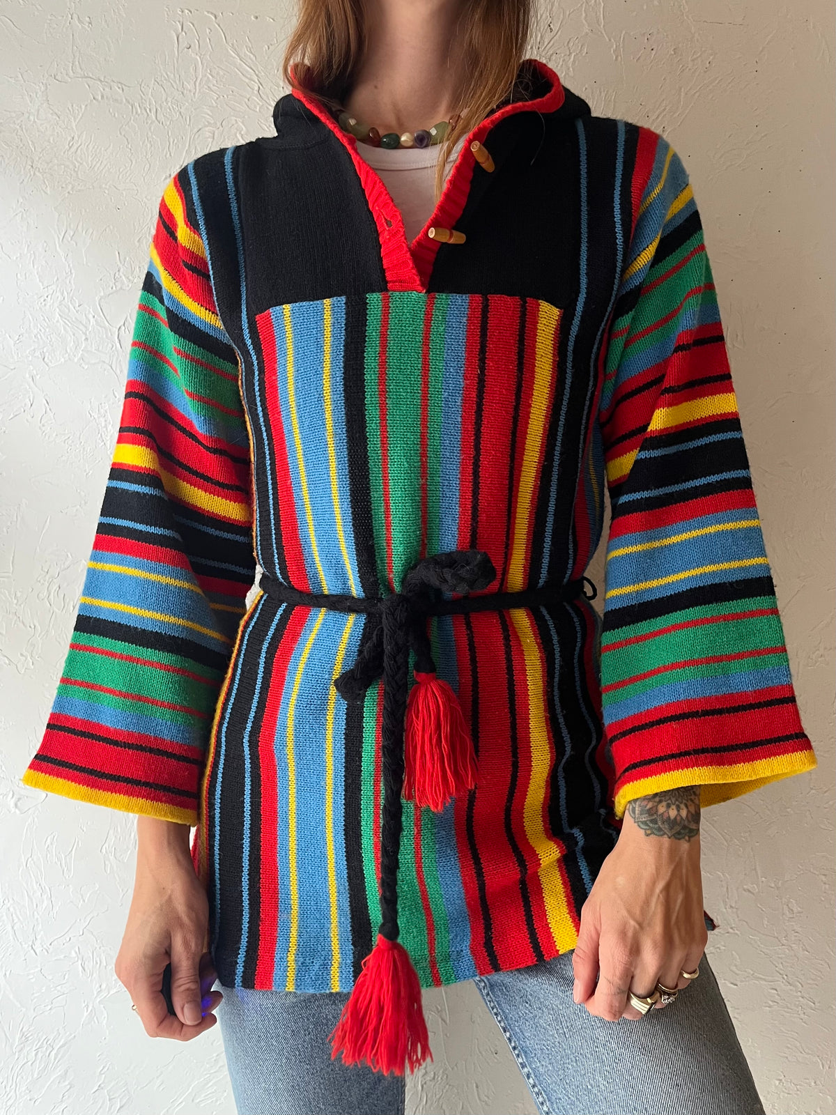 70s Vintage Rainbow Striped Baja Hoodie Boho Hippie Bell Sleeve Sweater / Small