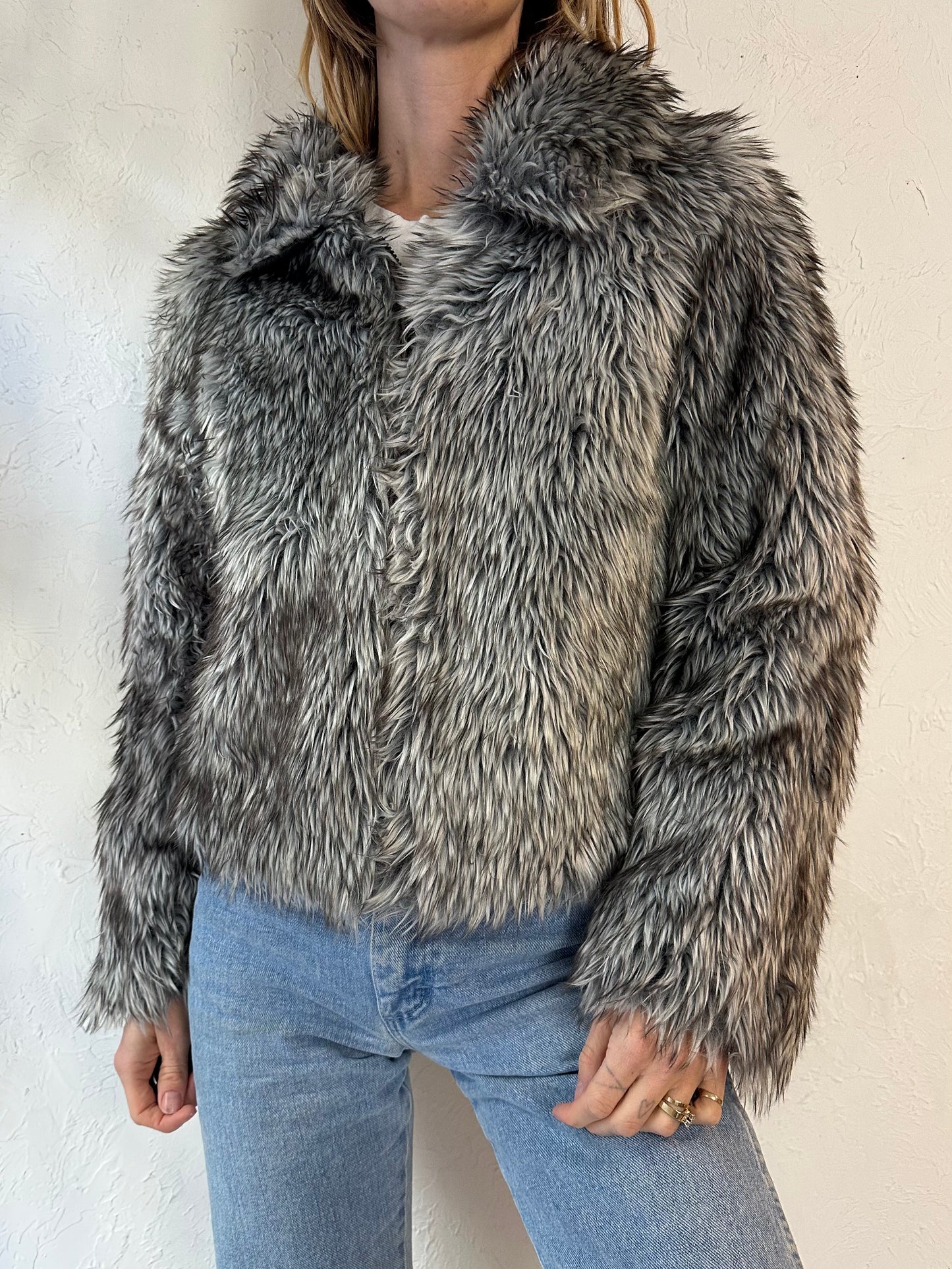 90s 'Le Chateau' Gray Faux Fur Jacket / Small