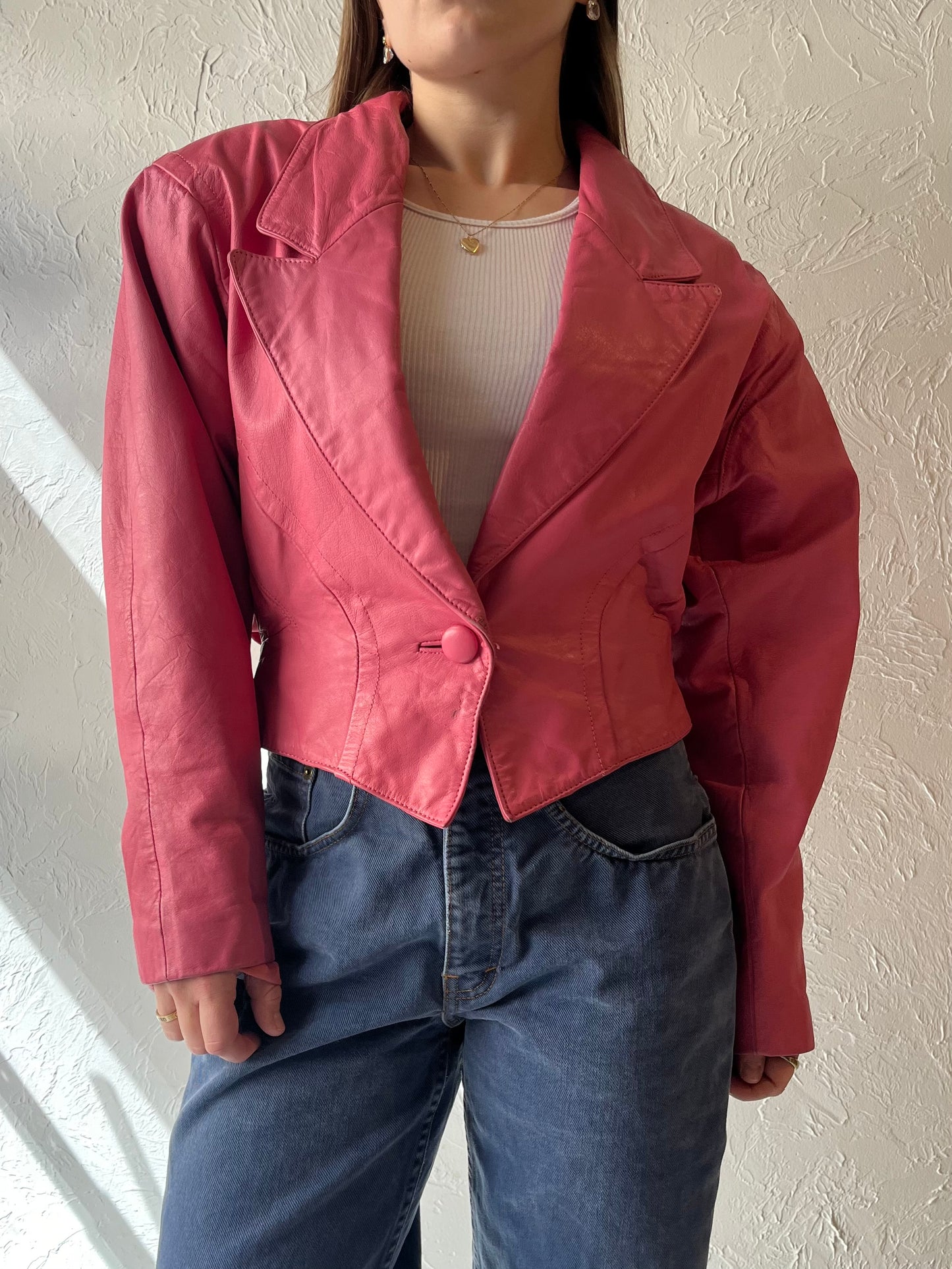 80s 'Chia' Pink Leather Bomber Jacket / Small