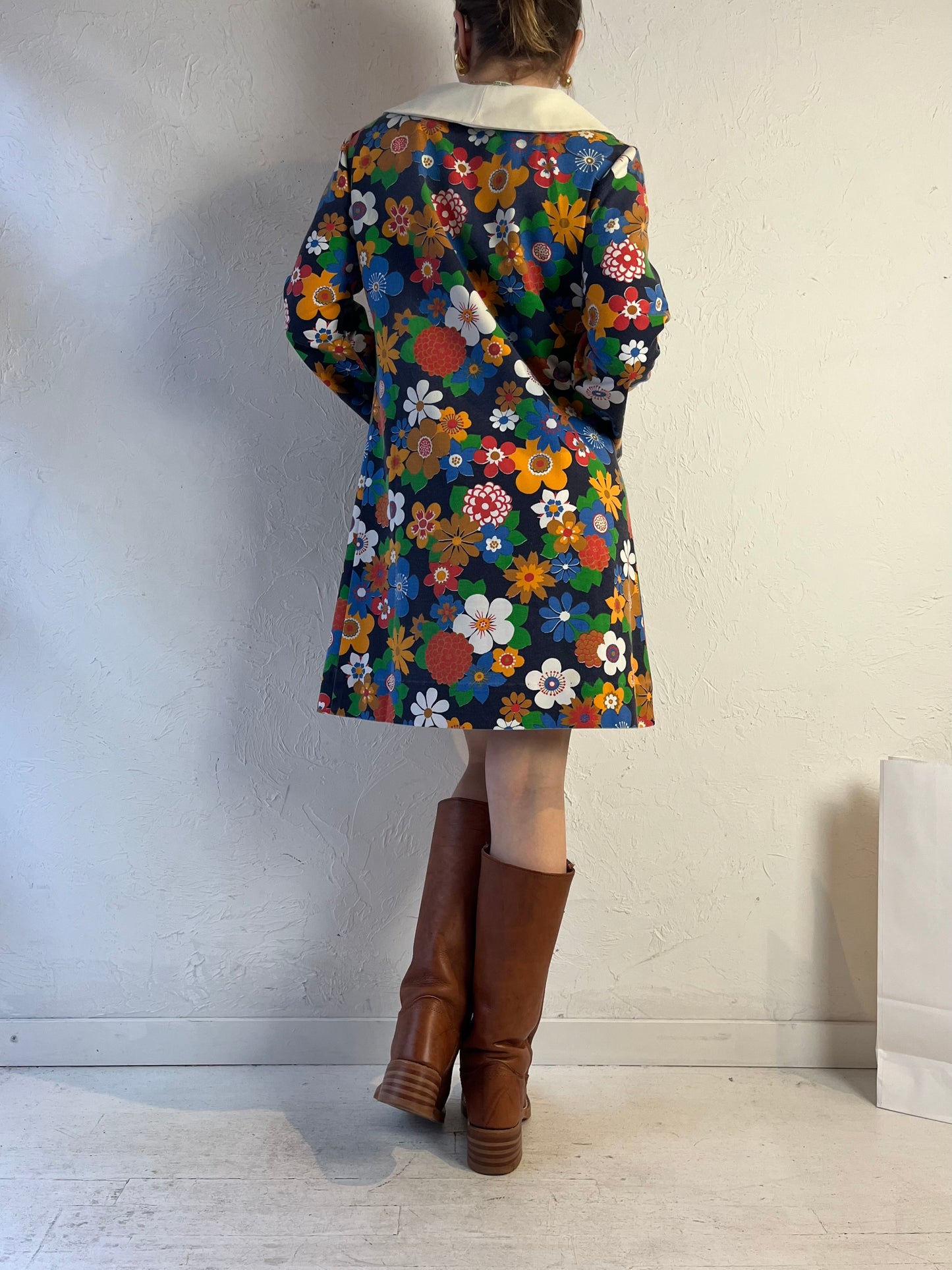 70s 'Sears' Floral Print Long Sleeve Mini Dress / Small